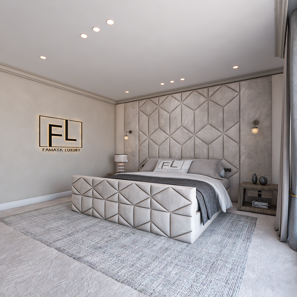 The vividus tv bed wide angle – Wide angle view of upholstered TV bed with geometric detailing and coordinated bedside furniture