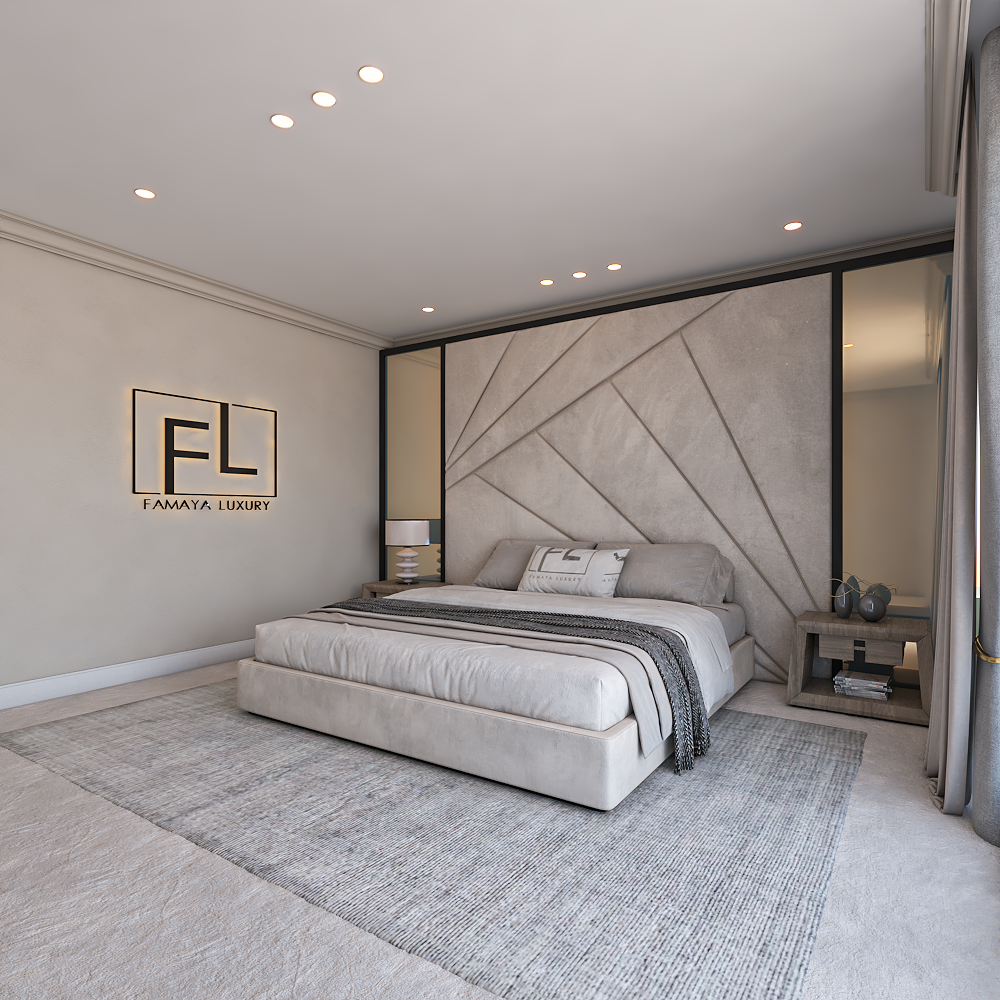 Luxurious bedroom with minimalist design, featuring a large bed, textured accent wall, and stylish decor. Soft lighting creates a serene atmosphere.